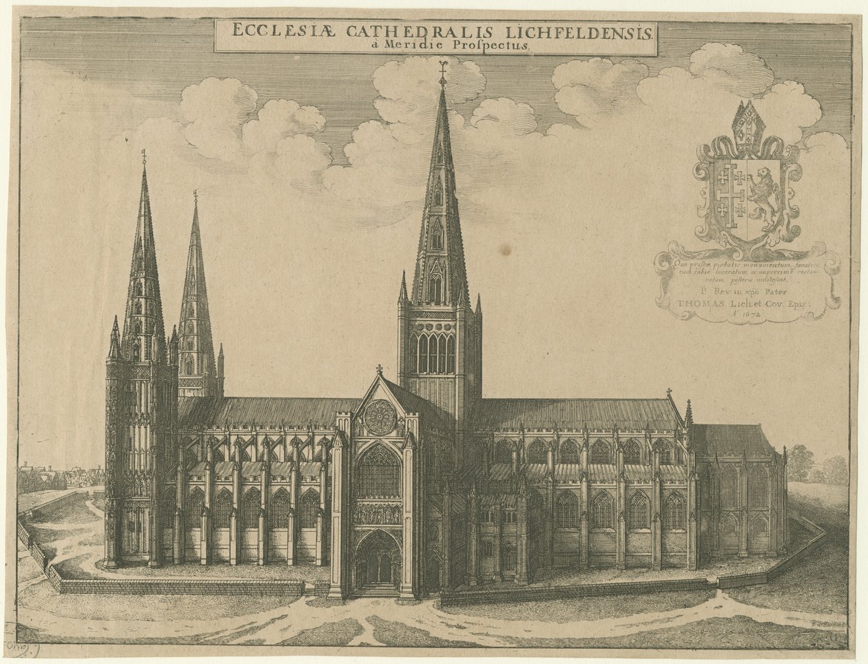Catedral de Lichfield - vista sul: gravura de Wenceslaus Hollar
