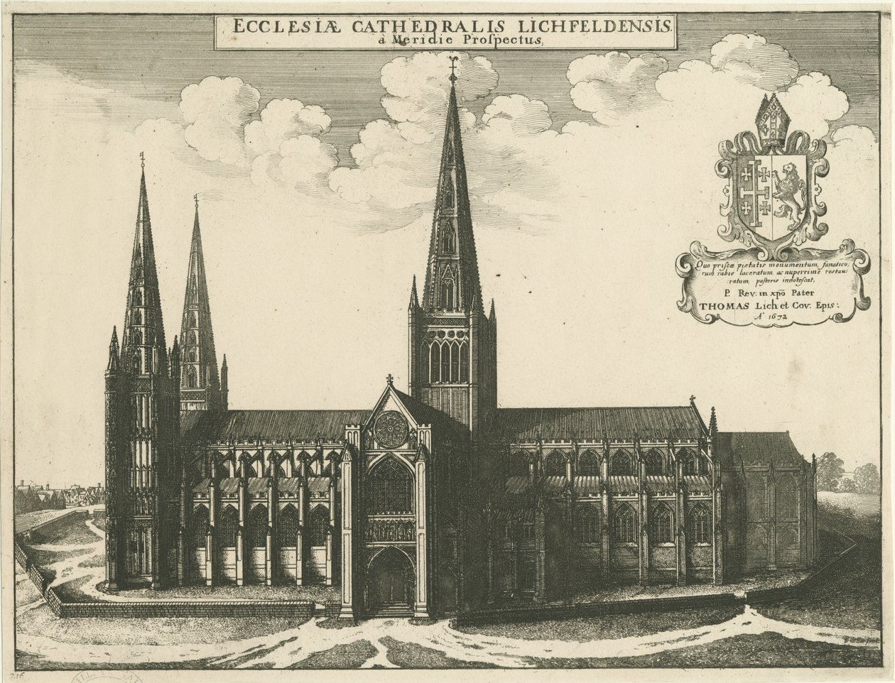 Catedral de Lichfield - vista sul: gravura, 1672 de Wenceslaus Hollar