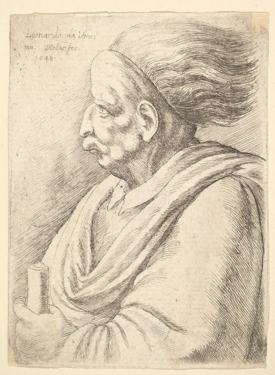 Homem com traços caricaturados e cabelos escorrendo para trás, no comprimento médio para a esquerda, 1648. de Wenceslaus Hollar