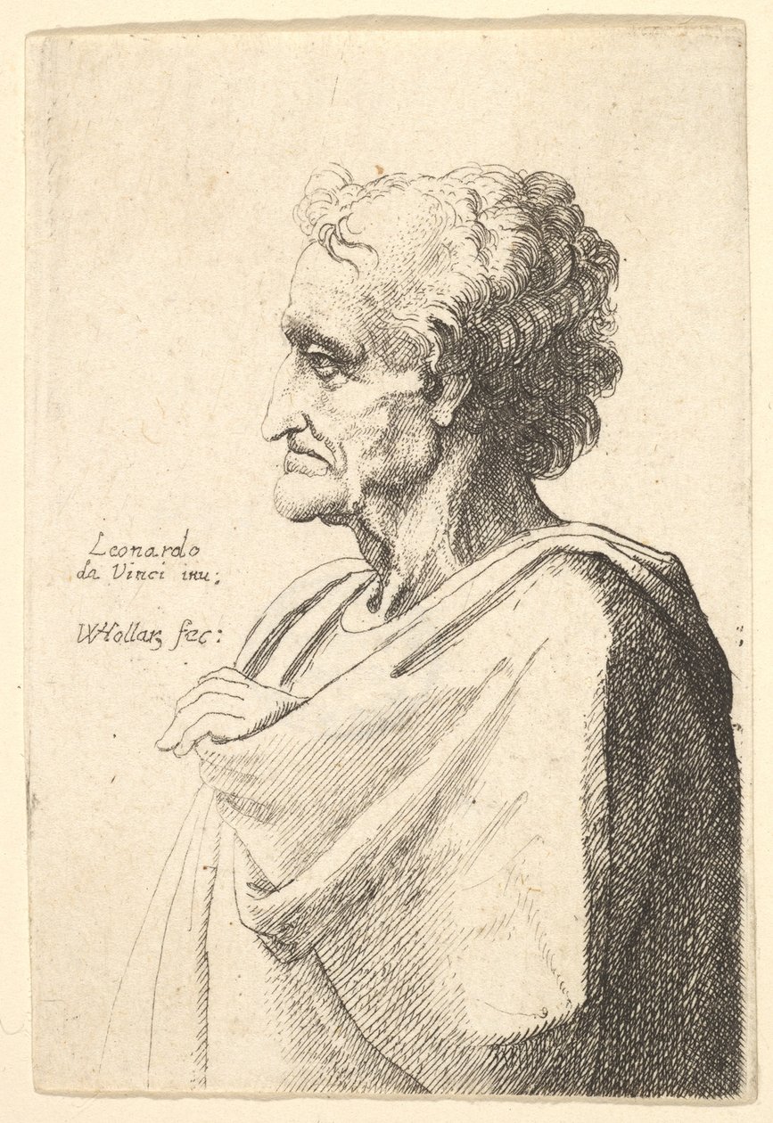 Homem com expressão triste para a esquerda com a mão emergindo da capa, 1625-77. de Wenceslaus Hollar