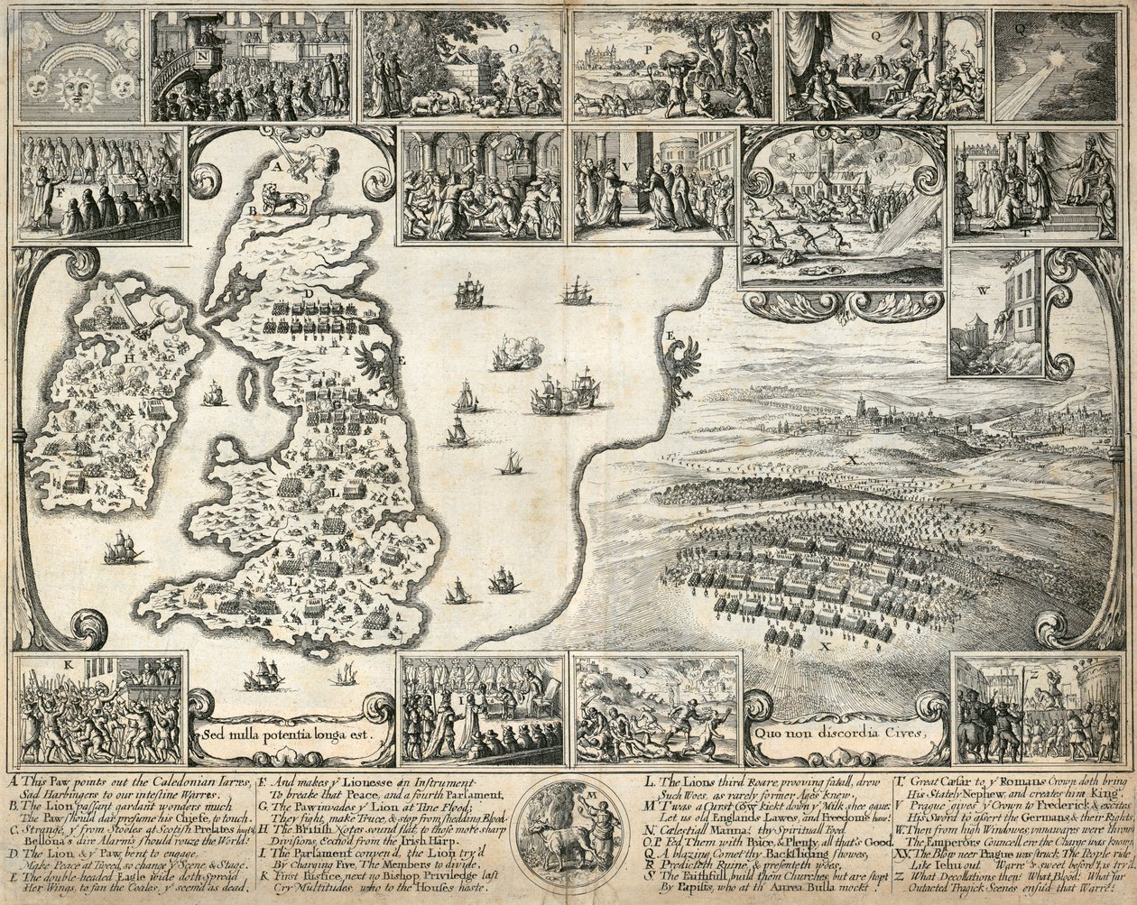 Mapa das Ilhas Britânicas e ilustrações de eventos históricos do século XVII, c1659 de Wenceslaus Hollar