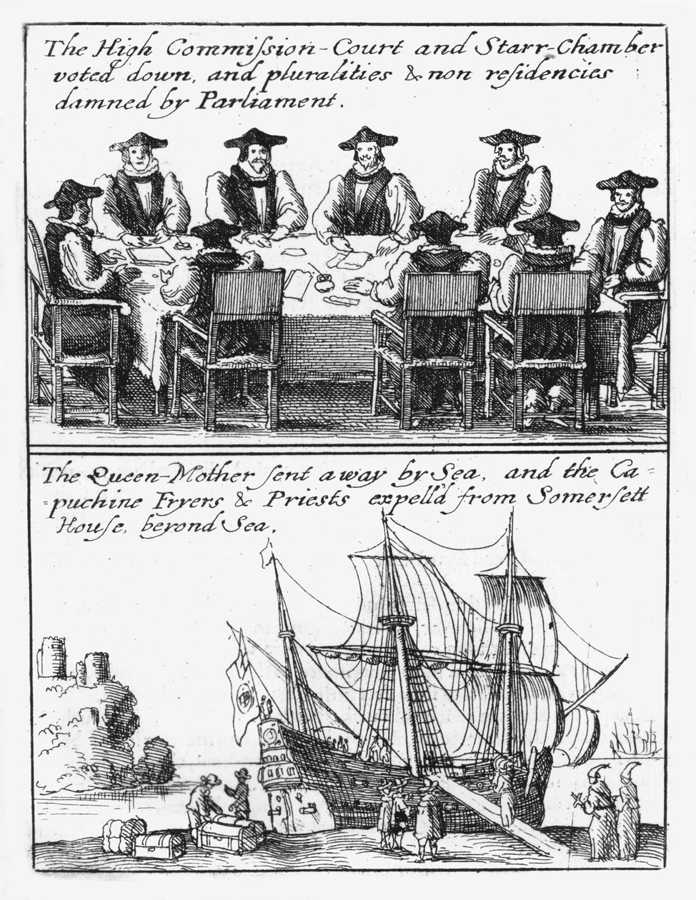 Membros da Câmara das Estrelas; a Rainha Henrietta Maria navega da Inglaterra de Wenceslaus Hollar