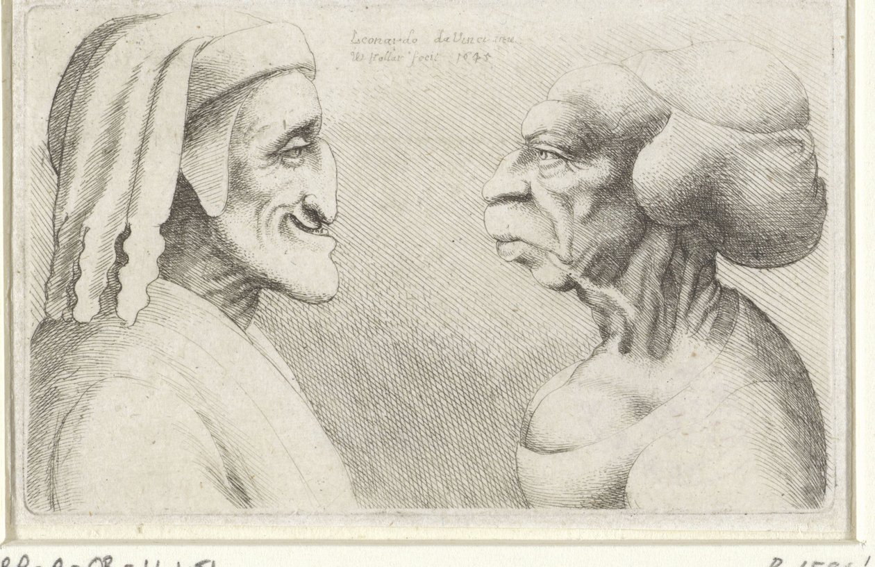 Caricatura deformada das cabeças de um homem com chapéu(Dante?) e de uma mulher
Variie figurae et probae (título da série)
Caricaturas, cabeças e deformidades após Leonardo da Vinci (título da série) de Wenceslaus Hollar