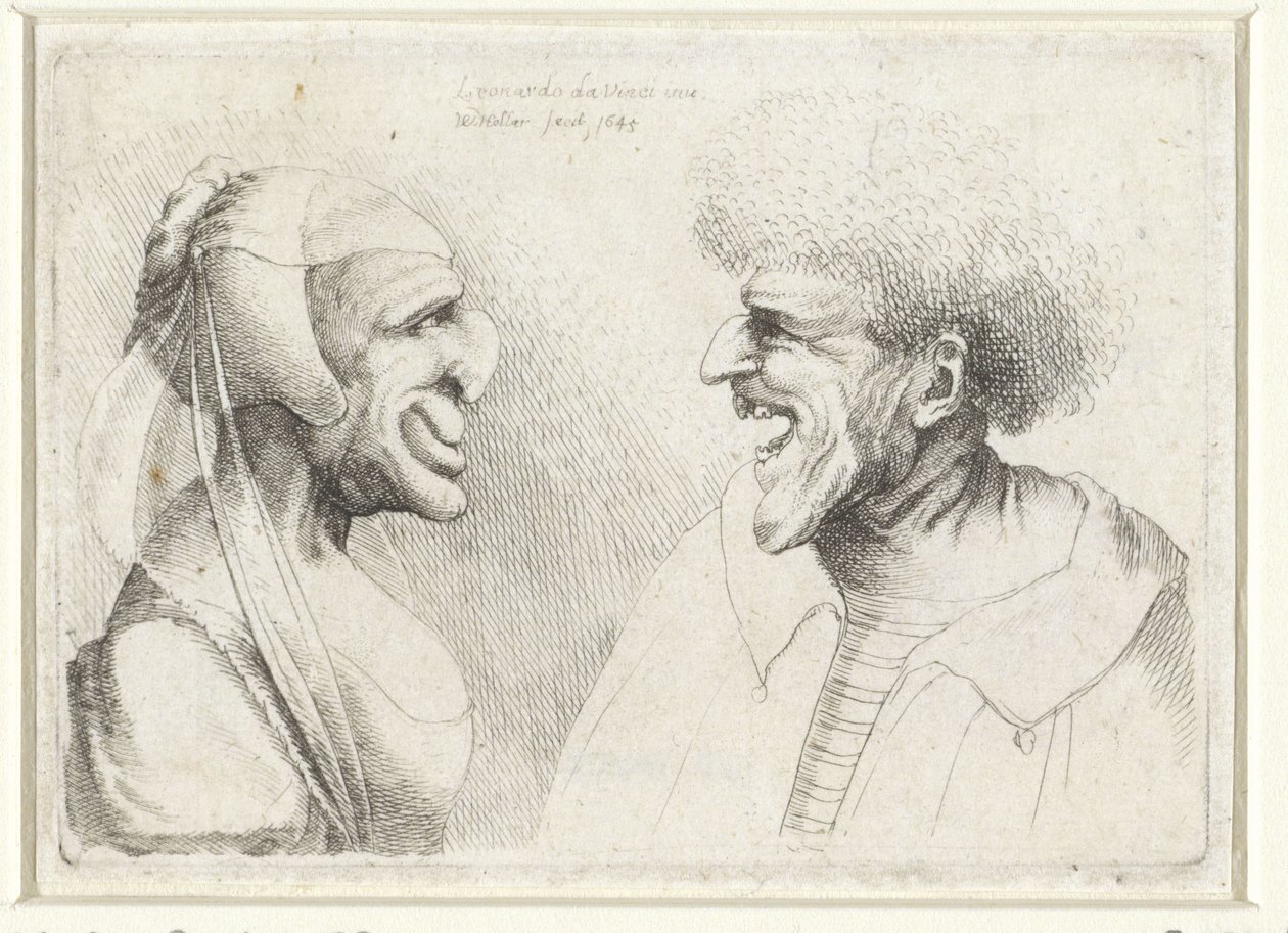Cabeças deformadas de um homem e uma mulher sorridentes com um boné na cabeça Varie figurae et probae (título da série) Caricaturas, cabeças e deformidades após Leonardo da Vinci (título da série) de Wenceslaus Hollar