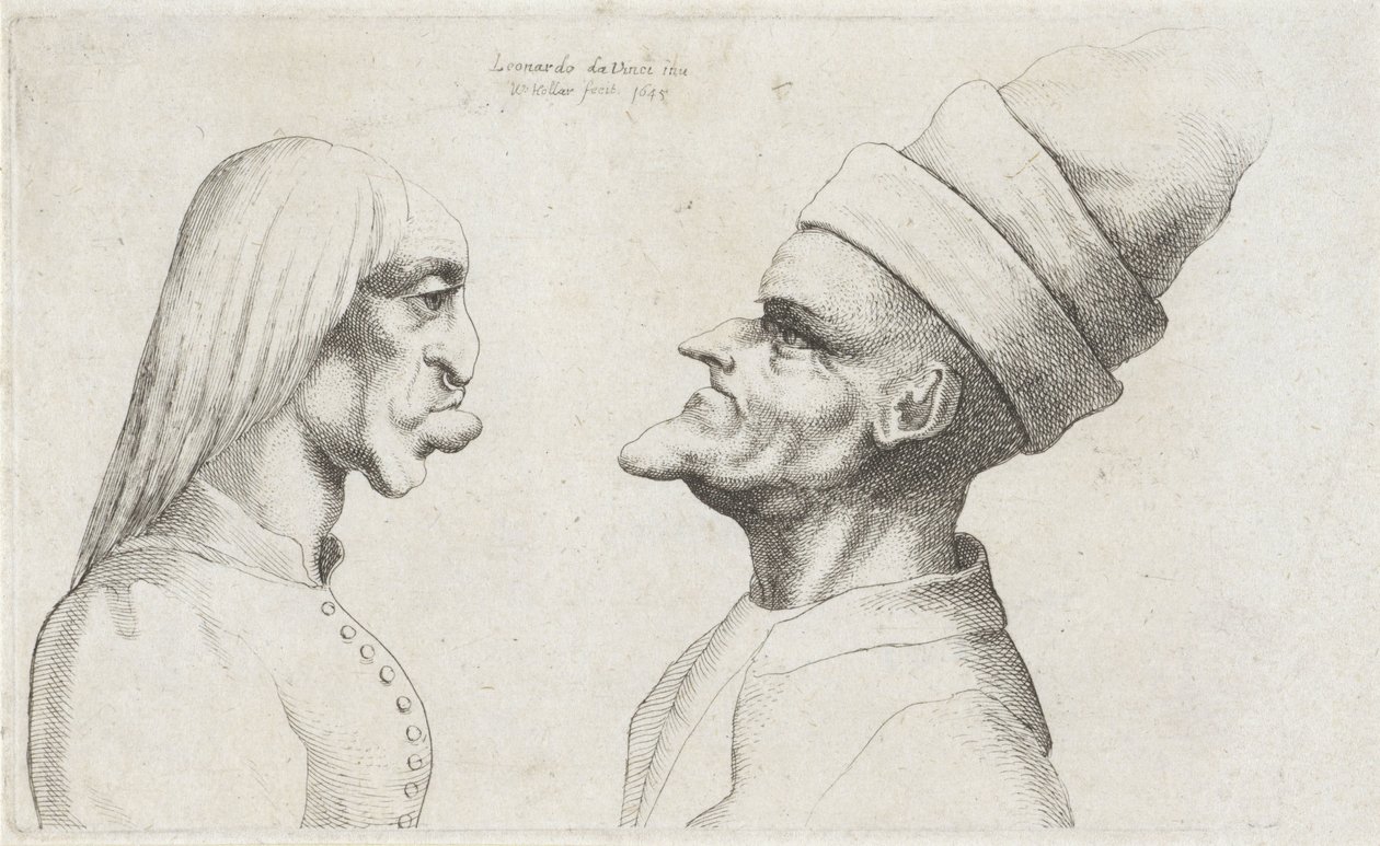 Cabeças deformadas de uma mulher com cabelo liso e um homem com um chapéu de abas duplas Varie figurae et probae (título da série) Caricaturas, cabeças e deformidades após Leonardo da Vinci (título da série) de Wenceslaus Hollar