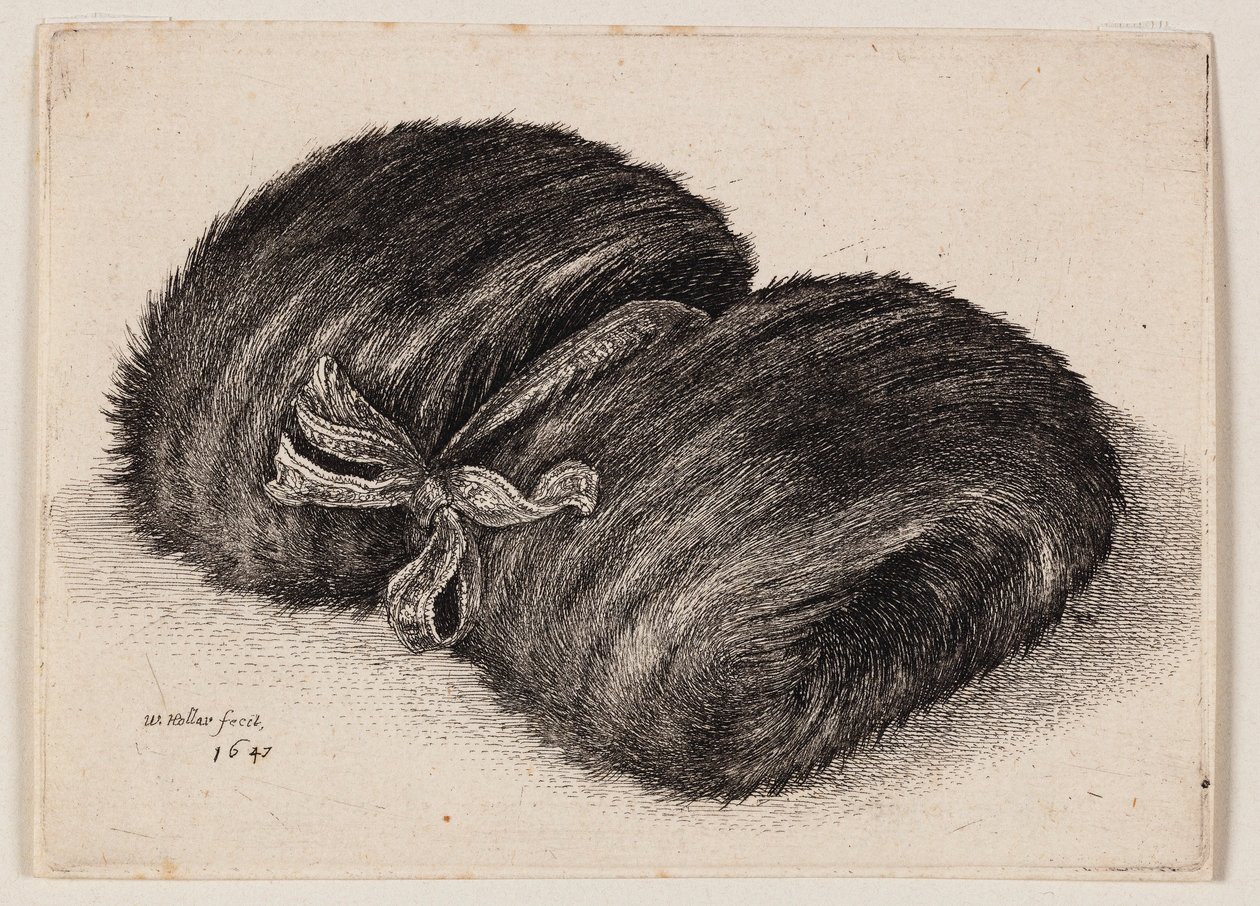 Manguito de pele escuro com uma fita em laço de Wenceslaus Hollar