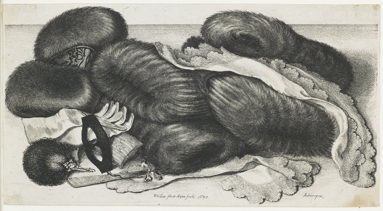 Muffs e artigos de vestuário em uma tabela, 1647 de Wenceslaus Hollar