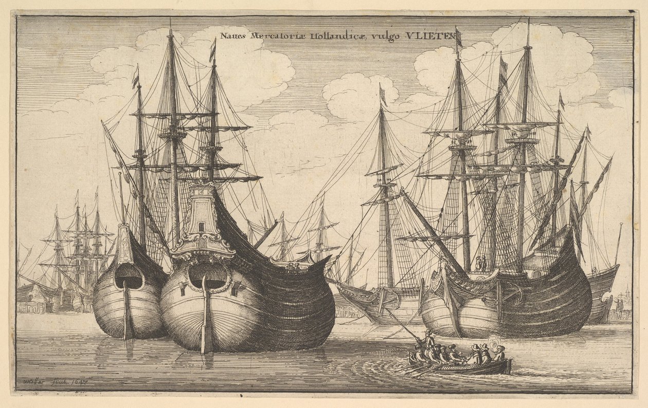 Mercantoriæ navios holandeses, geralmente vlieten Dutch Cargueiros ou flauta, 1647. de Wenceslaus Hollar