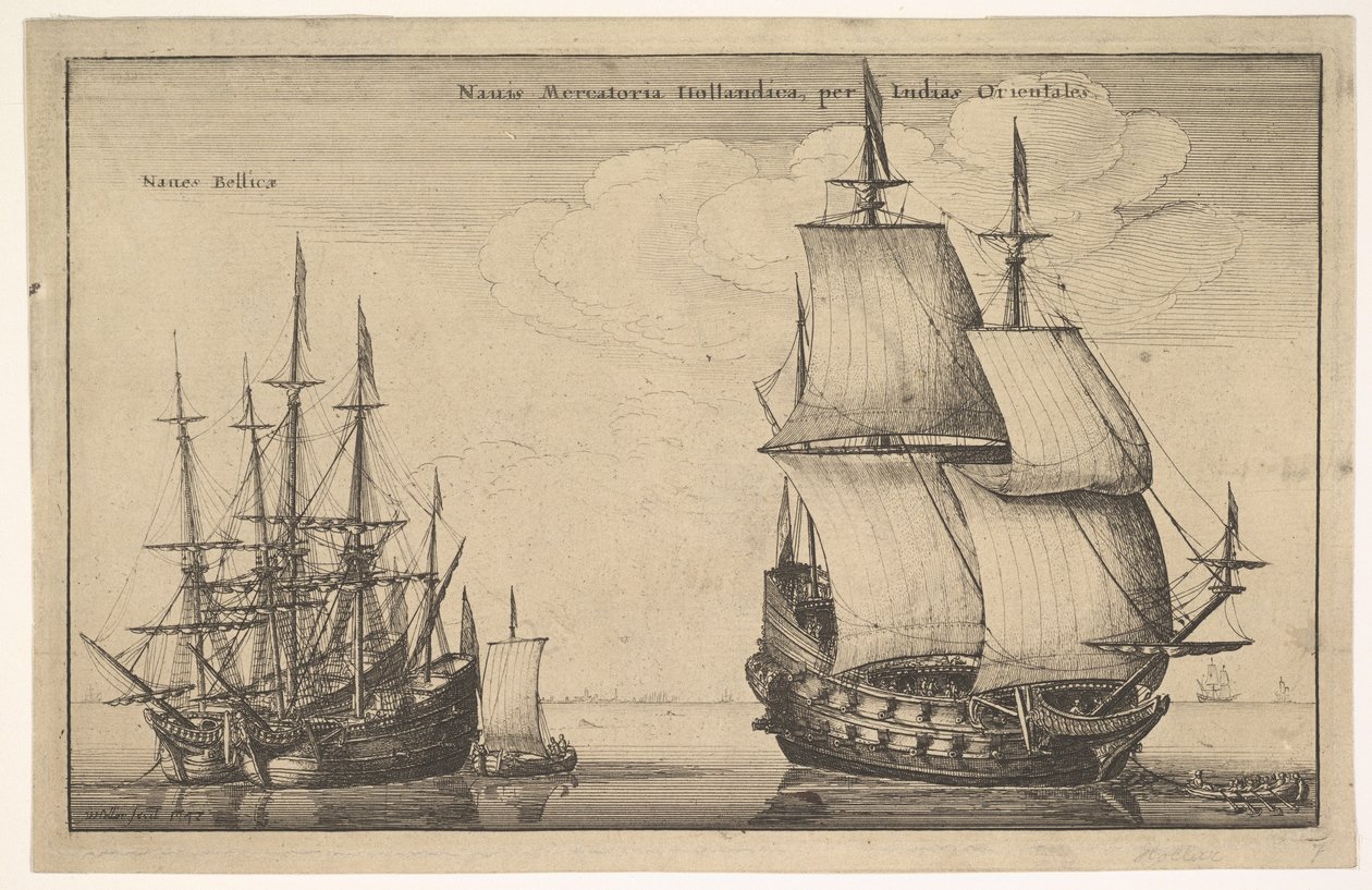 Os navios mercantes navegam pelas Índias Ocidentais Holandesas, Leste da Índia, 1647. de Wenceslaus Hollar