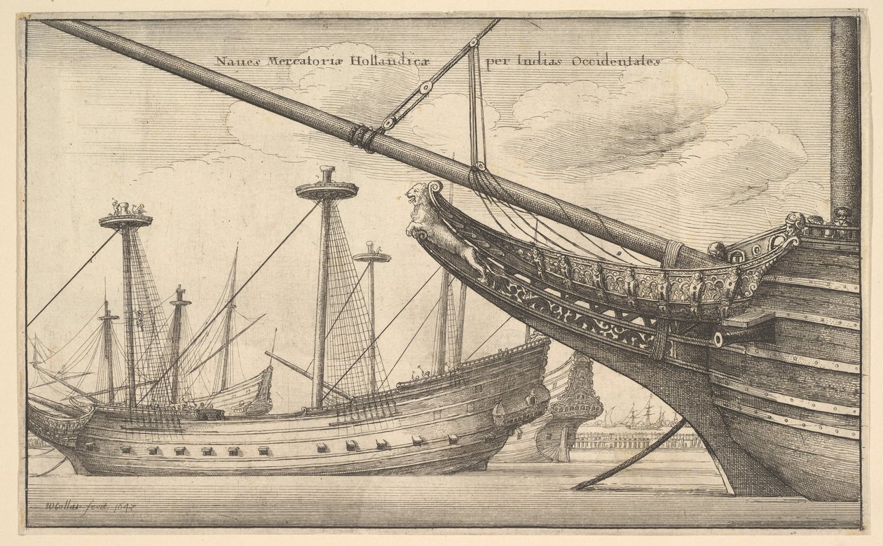 Os navios mercantes navegam pelas Índias Ocidentais Holandesas, Leste da Índia, 1647. de Wenceslaus Hollar
