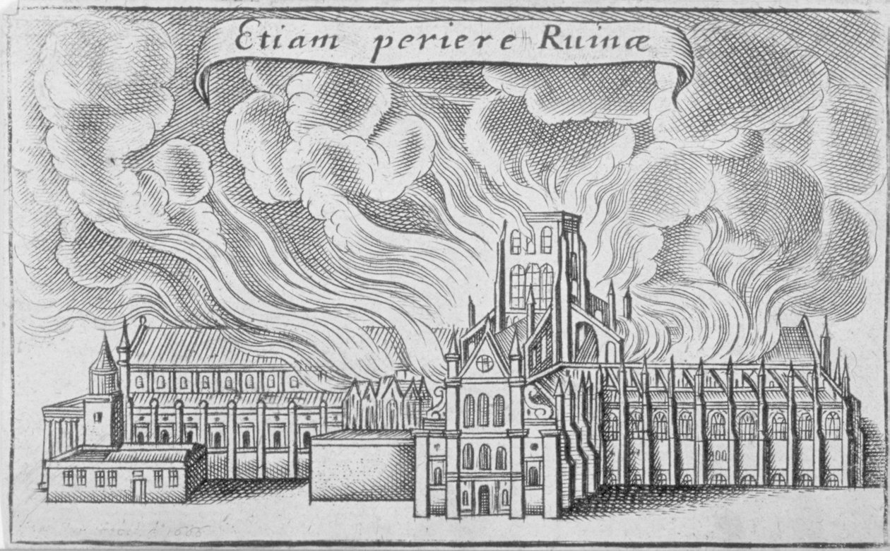 Antiga Catedral de São Paulo a arder no Grande Incêndio de Londres, 1666 de Wenceslaus Hollar