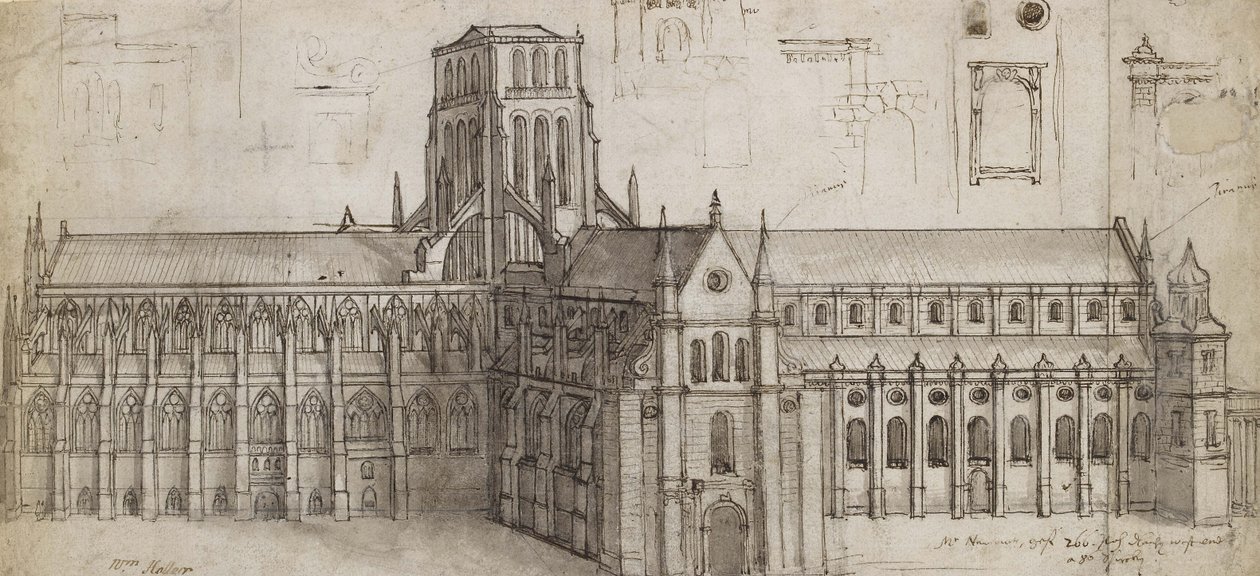 Antiga Catedral de São Paulo a partir do nordeste (Caneta e tinta marrom e cinza sobre grafite, incisão e esfregados para transferência) de Wenceslaus Hollar