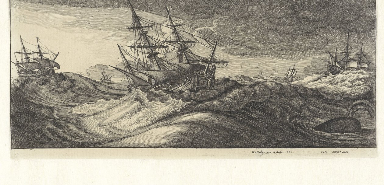 Navios de guerra e uma baleia em uma tempestade no mar Tempestades marinhas (título da série) de Wenceslaus Hollar