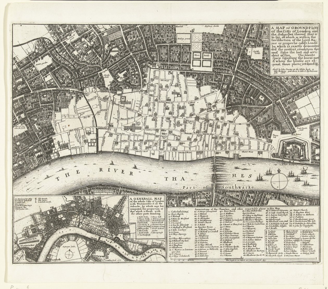 Mapa de Londres após o Grande Incêndio de 1666 A Map or Groundplot of the City of London and the Suburbes (...) (título no objeto) de Wenceslaus Hollar