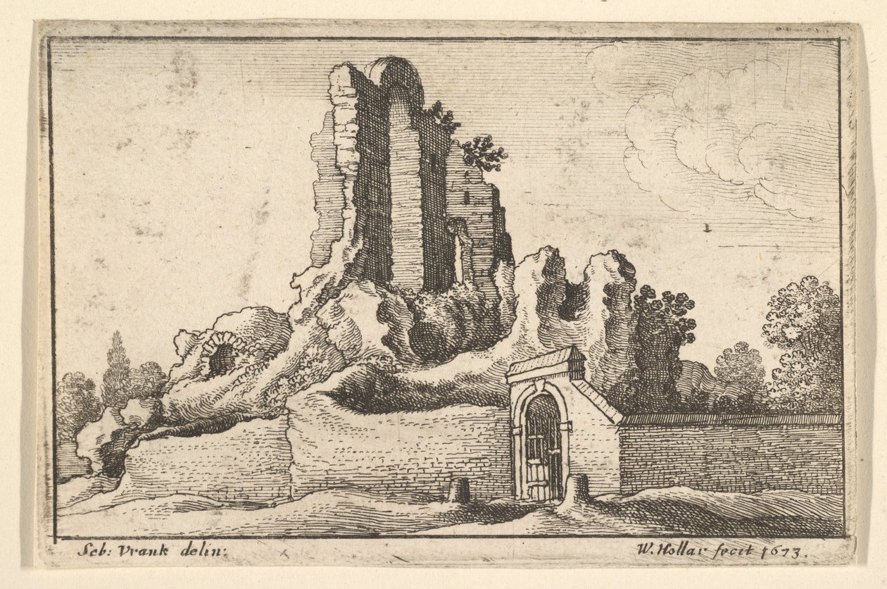 Ruínas e um portão barrado no Monte Esquilino, em Roma, 1673. de Wenceslaus Hollar