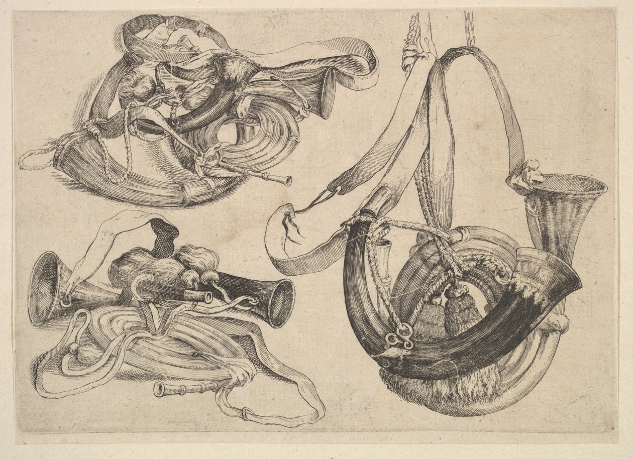 Sete chifres de caça em três agrupamentos, 1625-77. de Wenceslaus Hollar