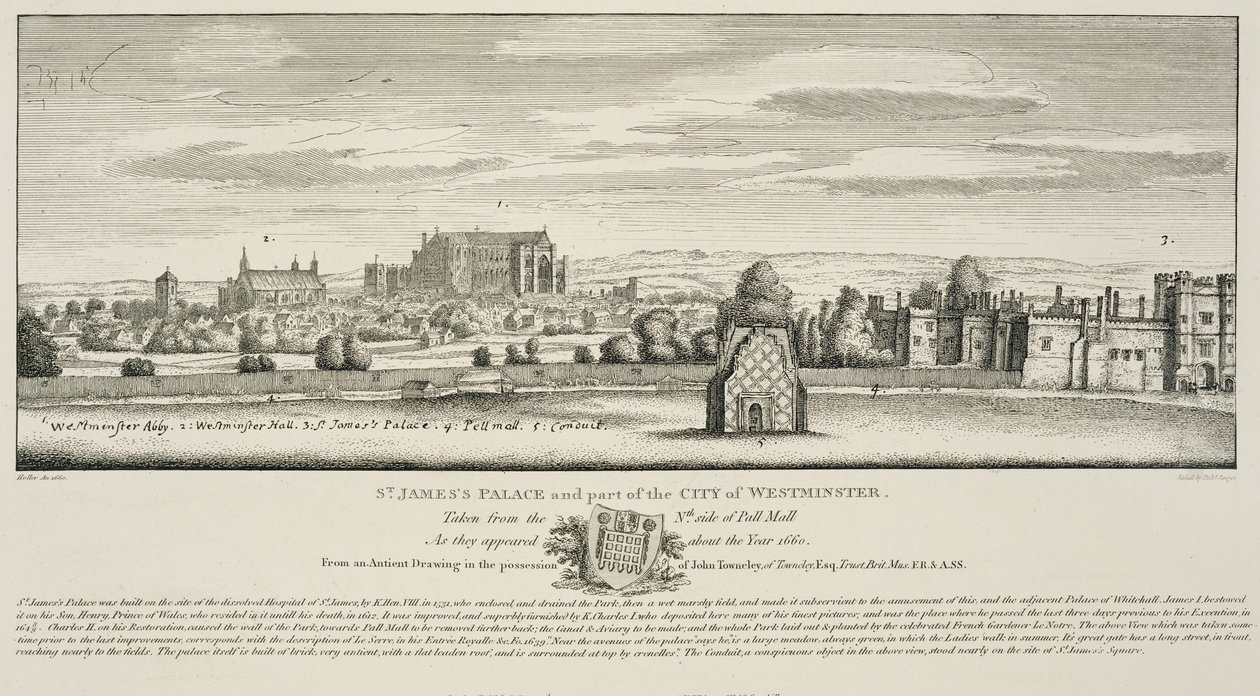 Palácio de St. James e parte da cidade de Westminster do lado norte do Pall Mall em 1660, gravado por Richard Sawyer, publicado em 1809 de Wenceslaus Hollar
