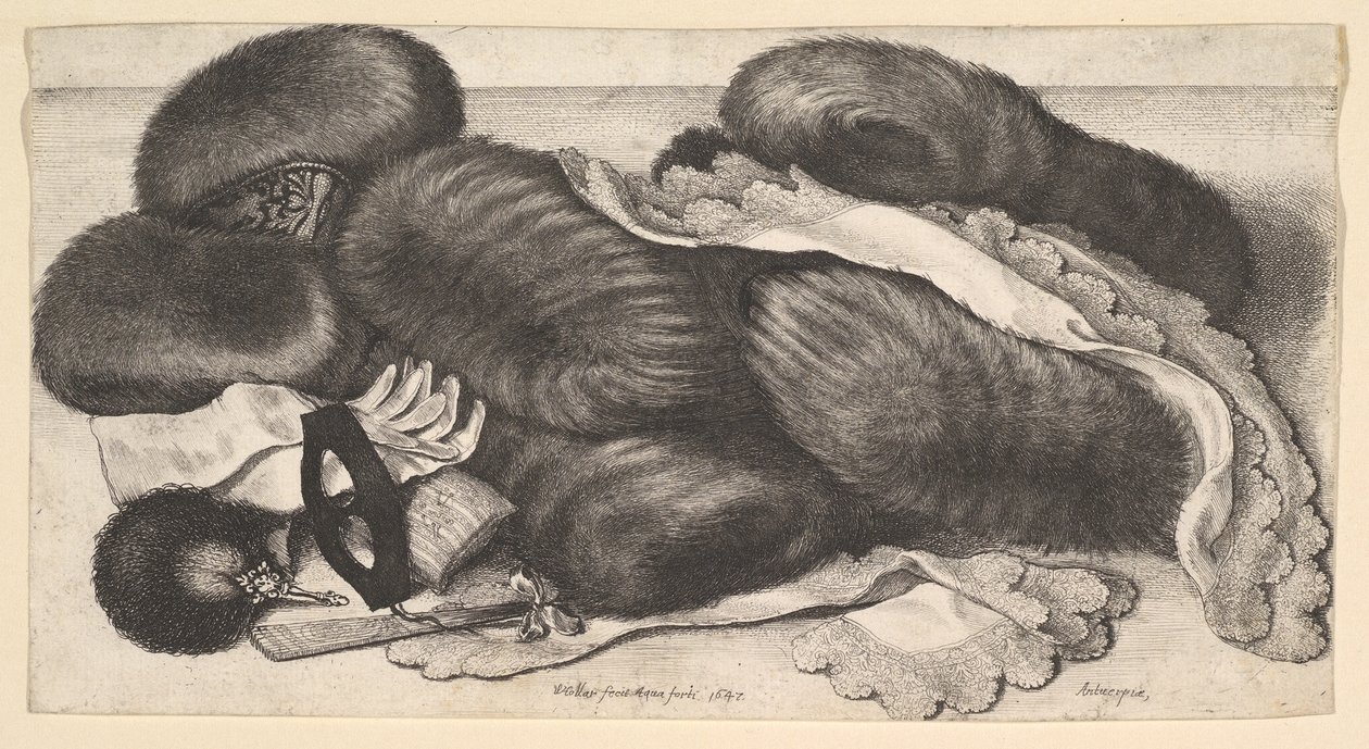 Natureza-morta com um grupo de regalos, um par de luvas, leques, máscara e dois lenços, 1647. de Wenceslaus Hollar