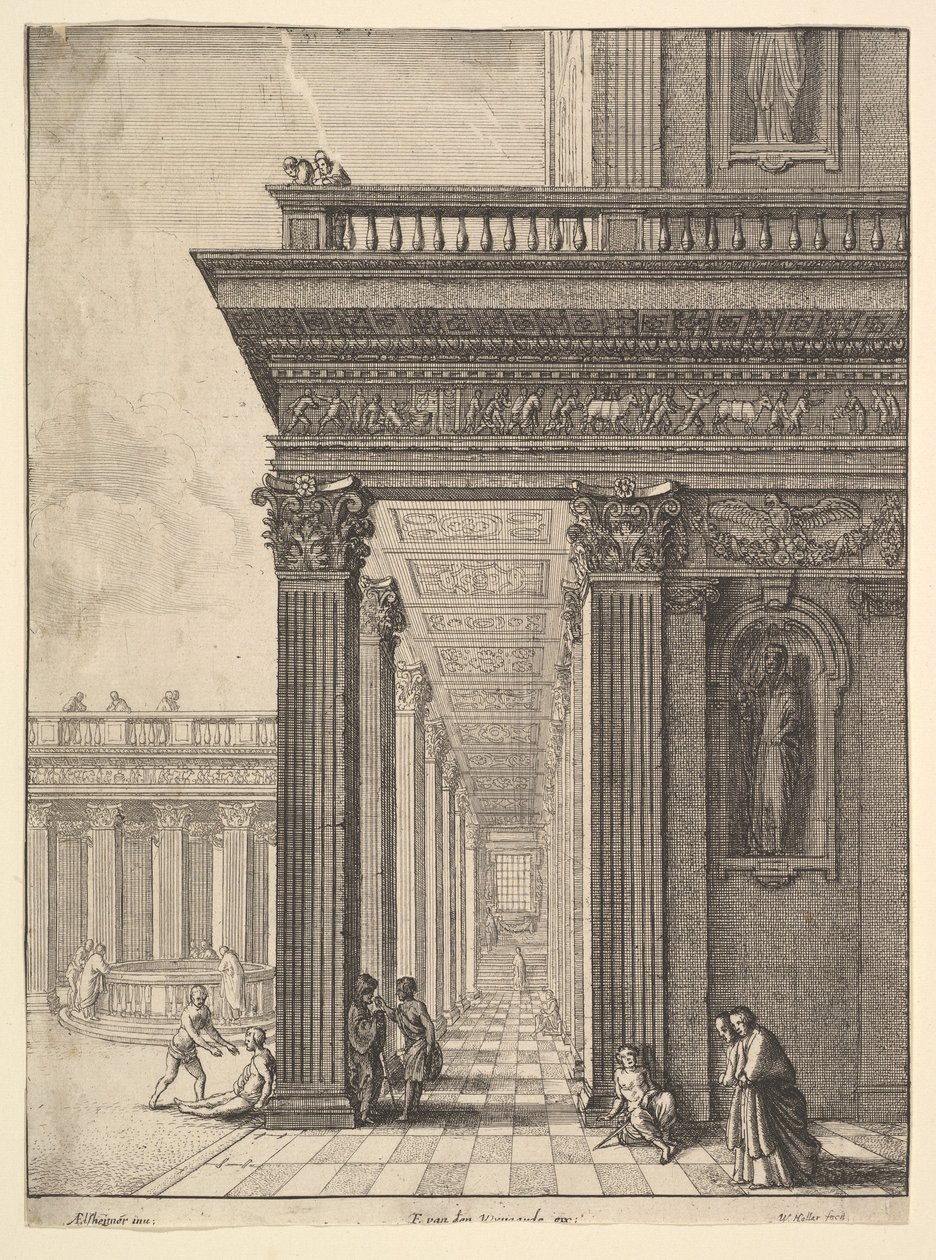 Pátio do templo com figuras, segundo David Teniers, o Velho, 1625-77. de Wenceslaus Hollar