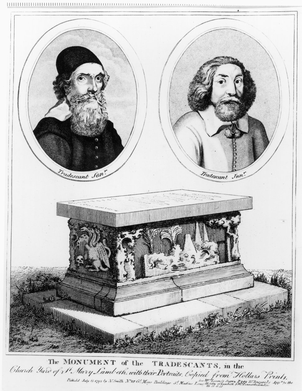 O monumento dos Tradescants na jarda da igreja de St. Mary Lambeth, bar. em 1793 de Wenceslaus Hollar