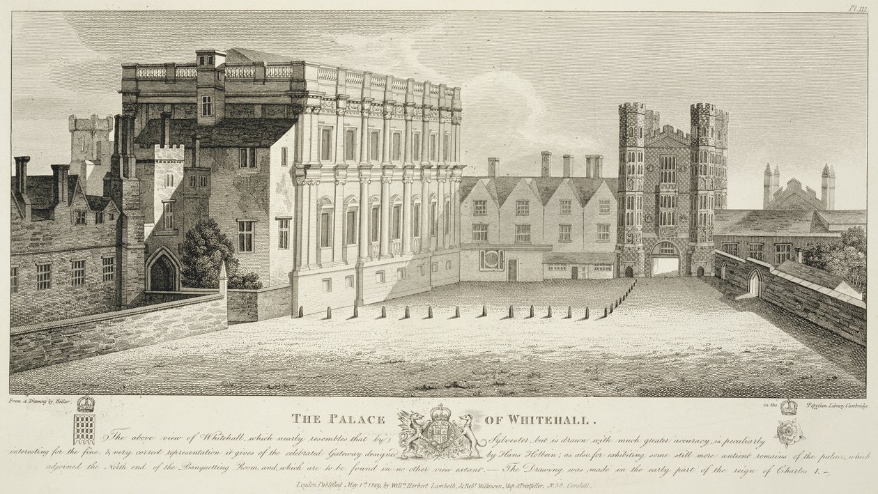 O Palácio de Whitehall, de um desenho na Biblioteca Pepysian, Cambridge, publicado em 1809 de Wenceslaus Hollar