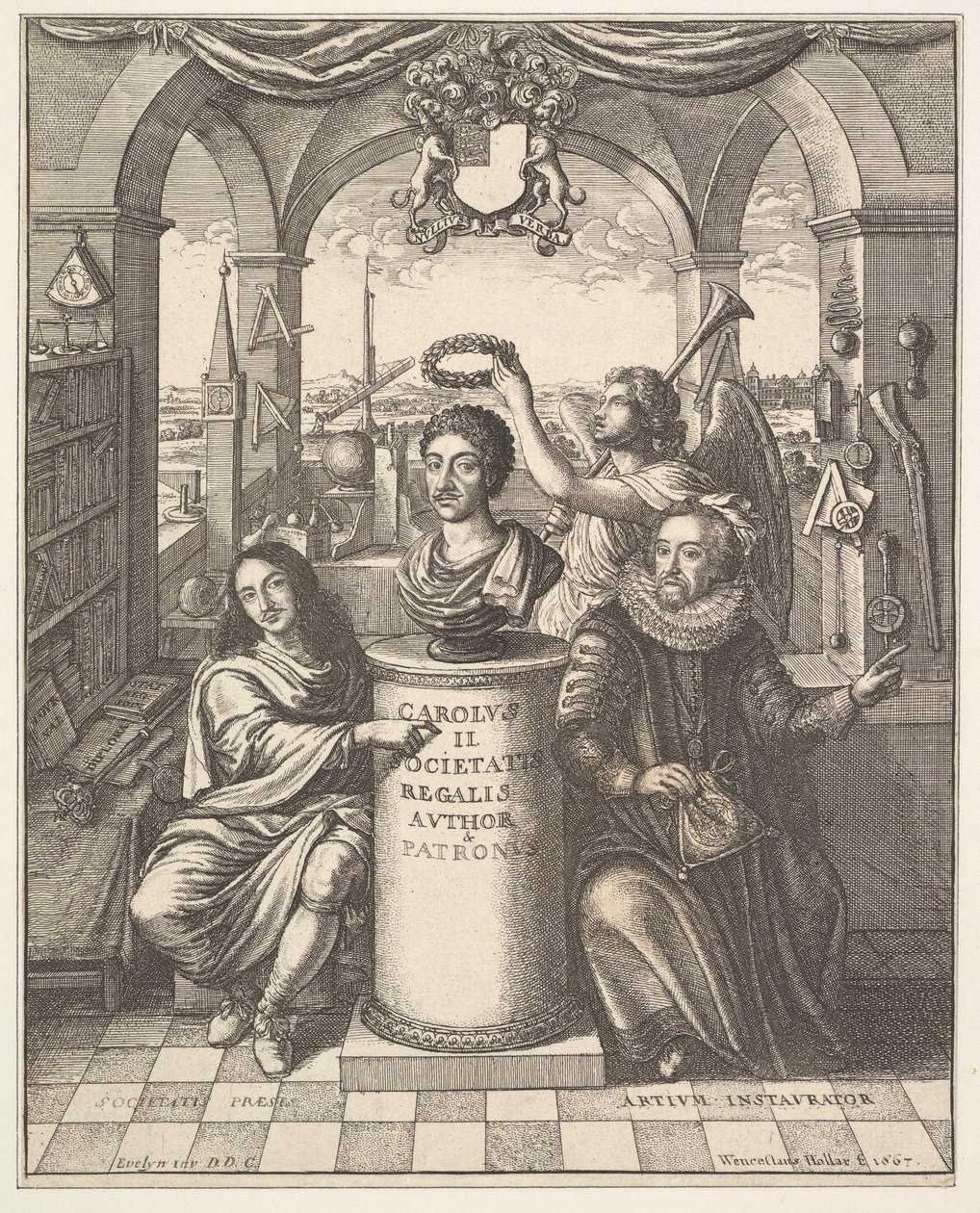 The Royal Society, frontispício de Thomas Sprat, The History of the Royal Society of Lond ..., 1667. de Wenceslaus Hollar