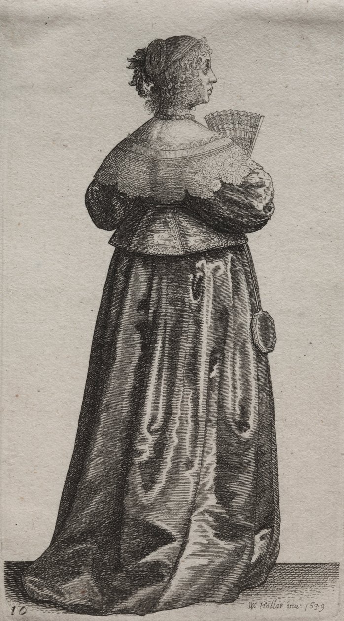 Os vários hábitos das mulheres inglesas, da nobreza às mulheres do campo como são nestes tempos: a mulher com leque e espelho de Wenceslaus Hollar