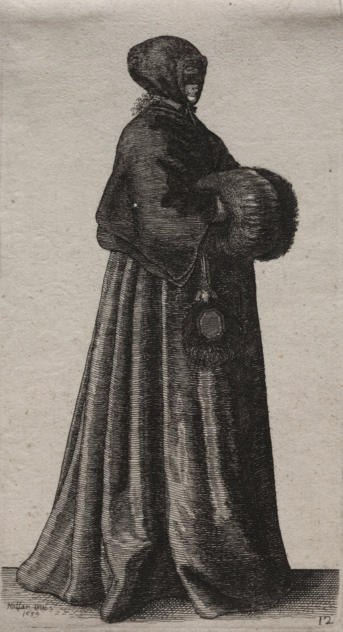 Os vários hábitos das mulheres inglesas, da nobreza às mulheres do campo como são nestes tempos: a mulher com máscara, capuz e regalo de Wenceslaus Hollar