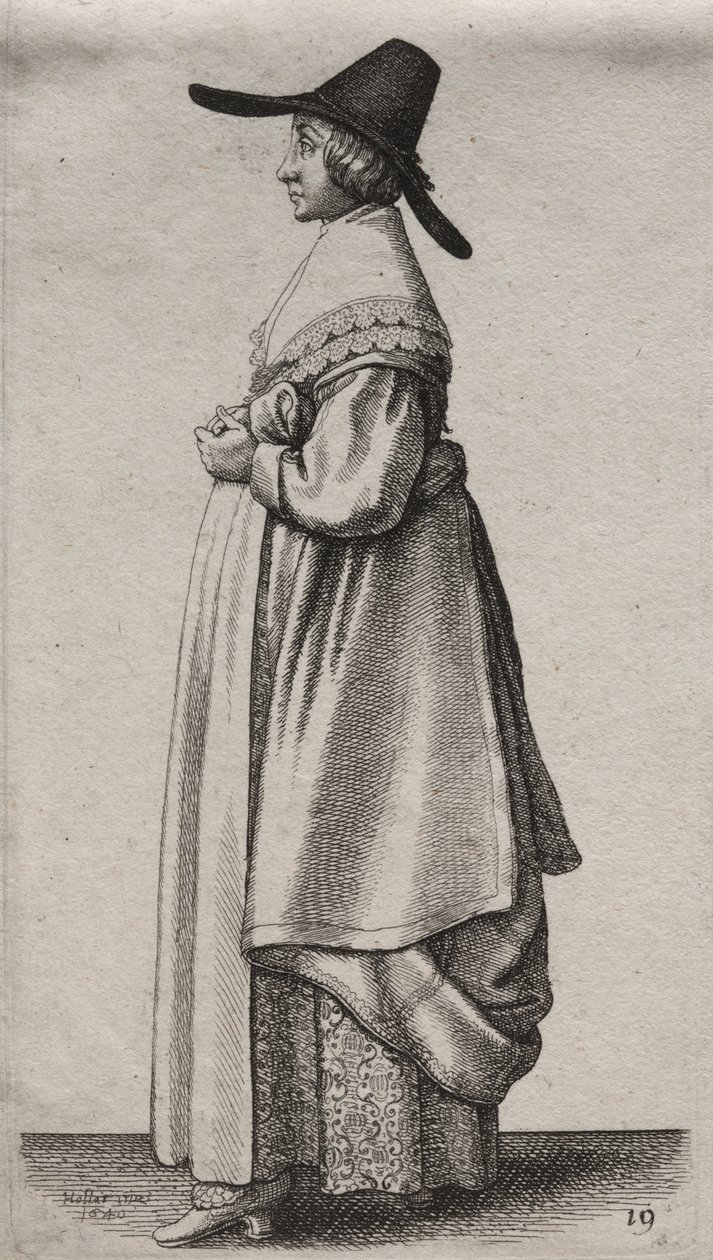 Os vários hábitos das mulheres inglesas, da nobreza às mulheres do campo como são nestes tempos: a mulher com chapéu masculino e anágua florida de Wenceslaus Hollar