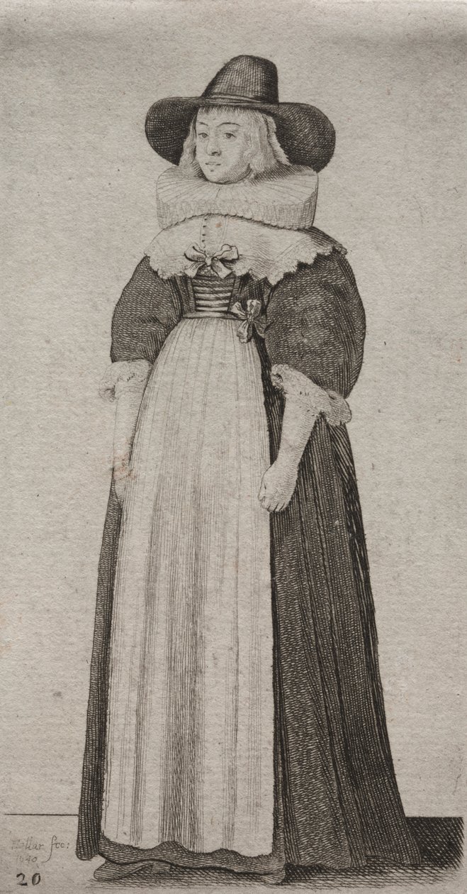 Os vários hábitos das mulheres inglesas, da nobreza às mulheres do campo como são nestes tempos: a mulher com chapéu masculino e corpete com fitas de Wenceslaus Hollar