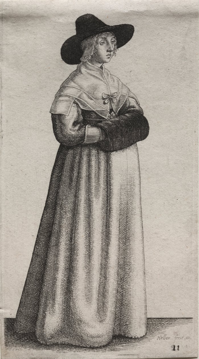 Os vários hábitos das mulheres inglesas, da nobreza às mulheres do campo como são nestes tempos: a mulher com chapéu masculino e regalo escuro de Wenceslaus Hollar