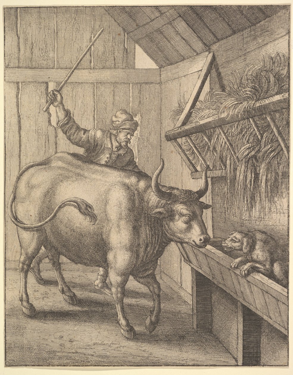 O cão na manjedoura, da ilustração a John Ogilbys Æsopics: Or A Second Collection ..., 1666. de Wenceslaus Hollar