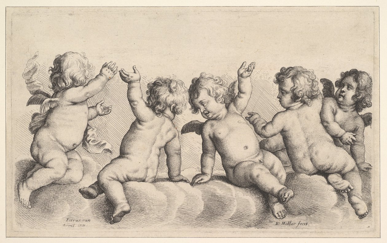 Três querubins e dois meninos nas nuvens, 1620-77. de Wenceslaus Hollar