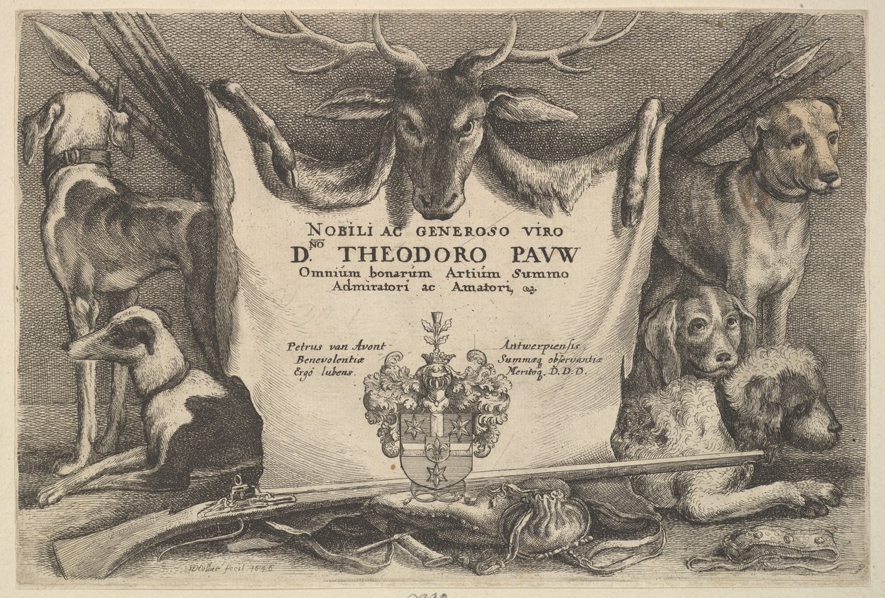 Página de título com cães de caça e equipamento de caça, 1646. de Wenceslaus Hollar
