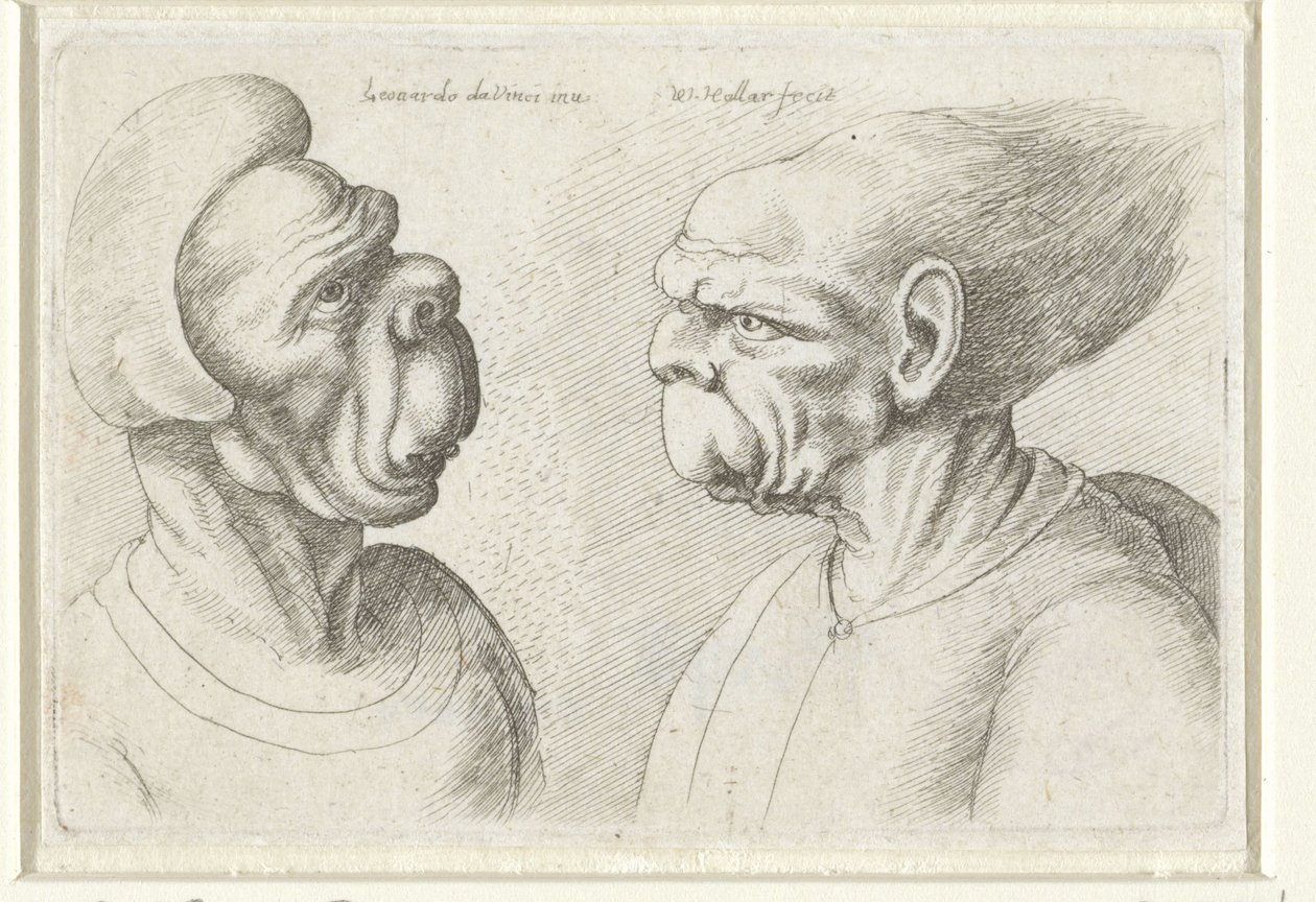 Duas cabeças deformadas Varie figurae et probae (título da série) Caricaturas, cabeças e deformidades após Leonardo da Vinci (título da série) de Wenceslaus Hollar