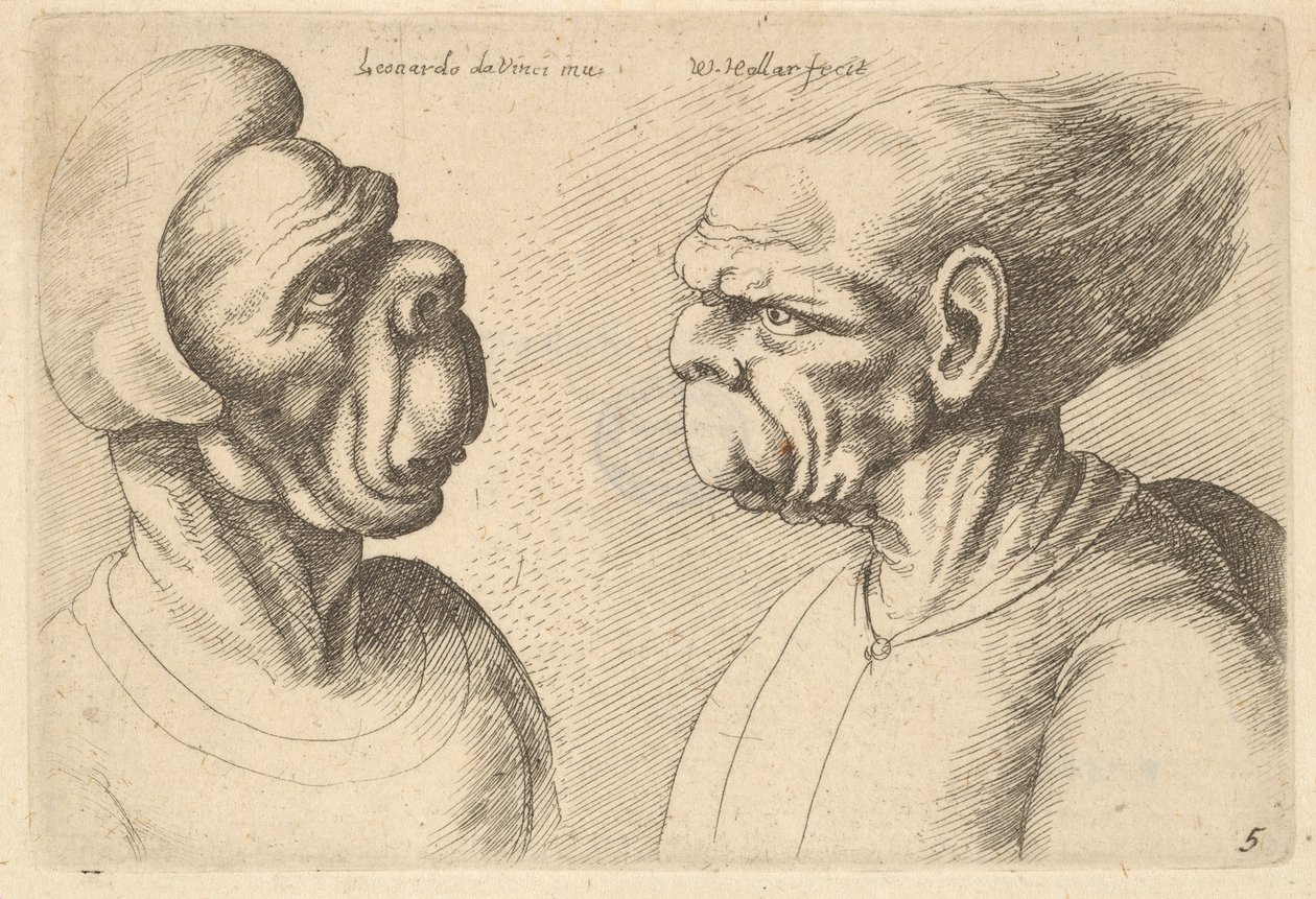 Duas cabeças deformadas voltadas para dentro, 1625-77. de Wenceslaus Hollar