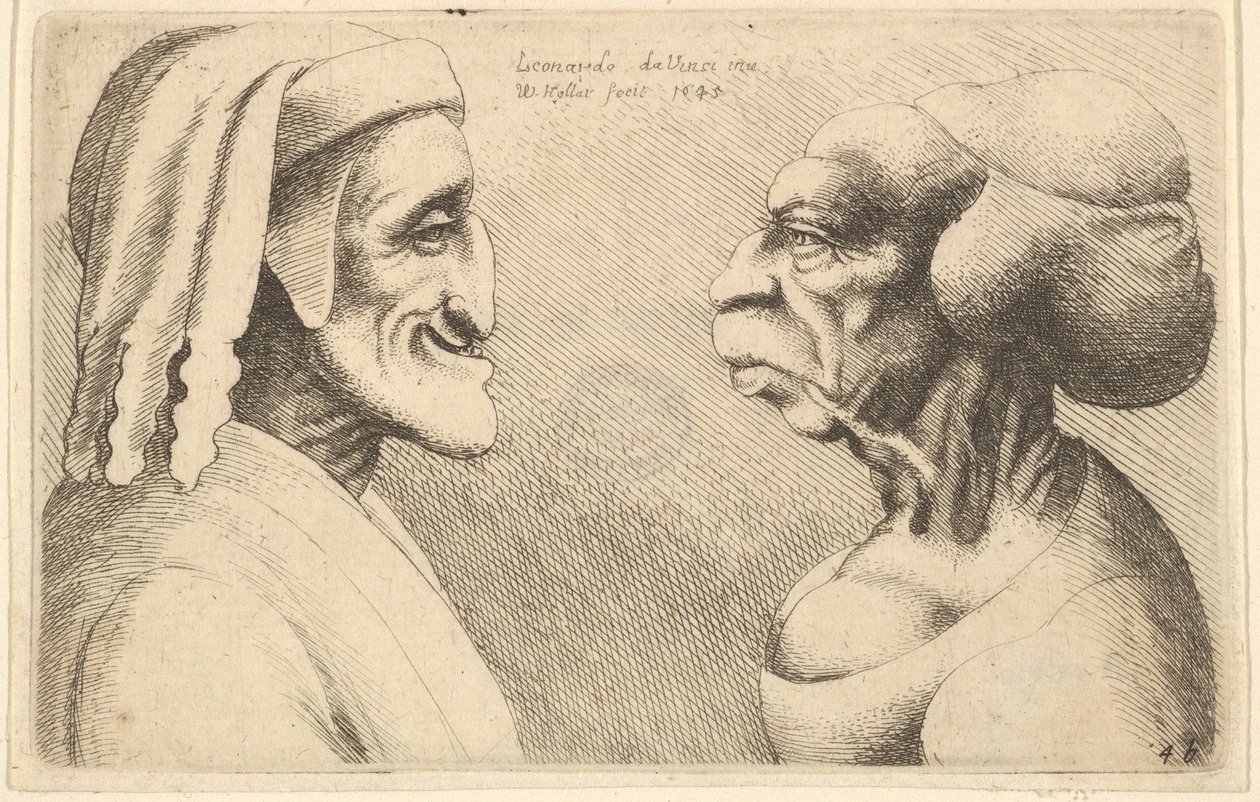 Duas cabeças deformadas, a figura à esquerda é possivelmente uma caricatura de Dante, 1645. de Wenceslaus Hollar