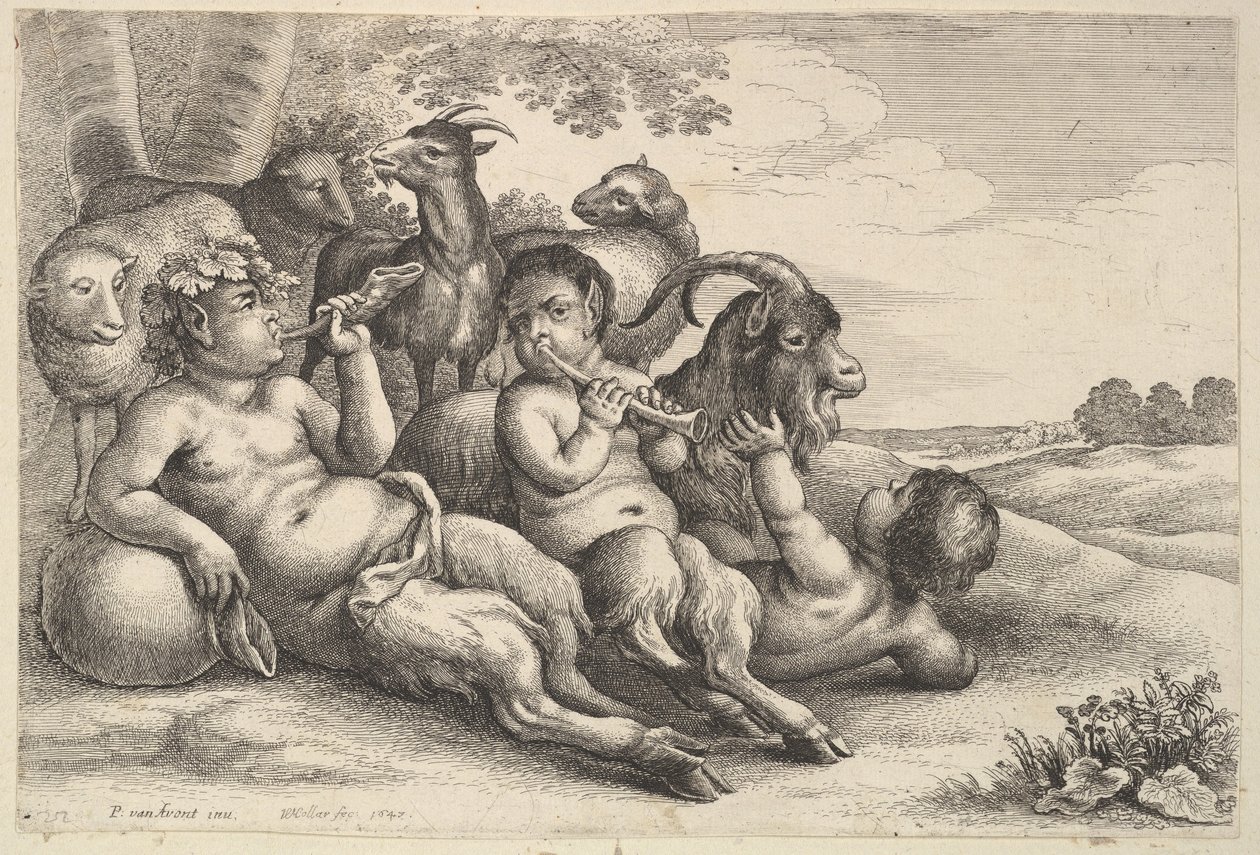 Dois jovens sátiros e um rapaz, 1647. de Wenceslaus Hollar