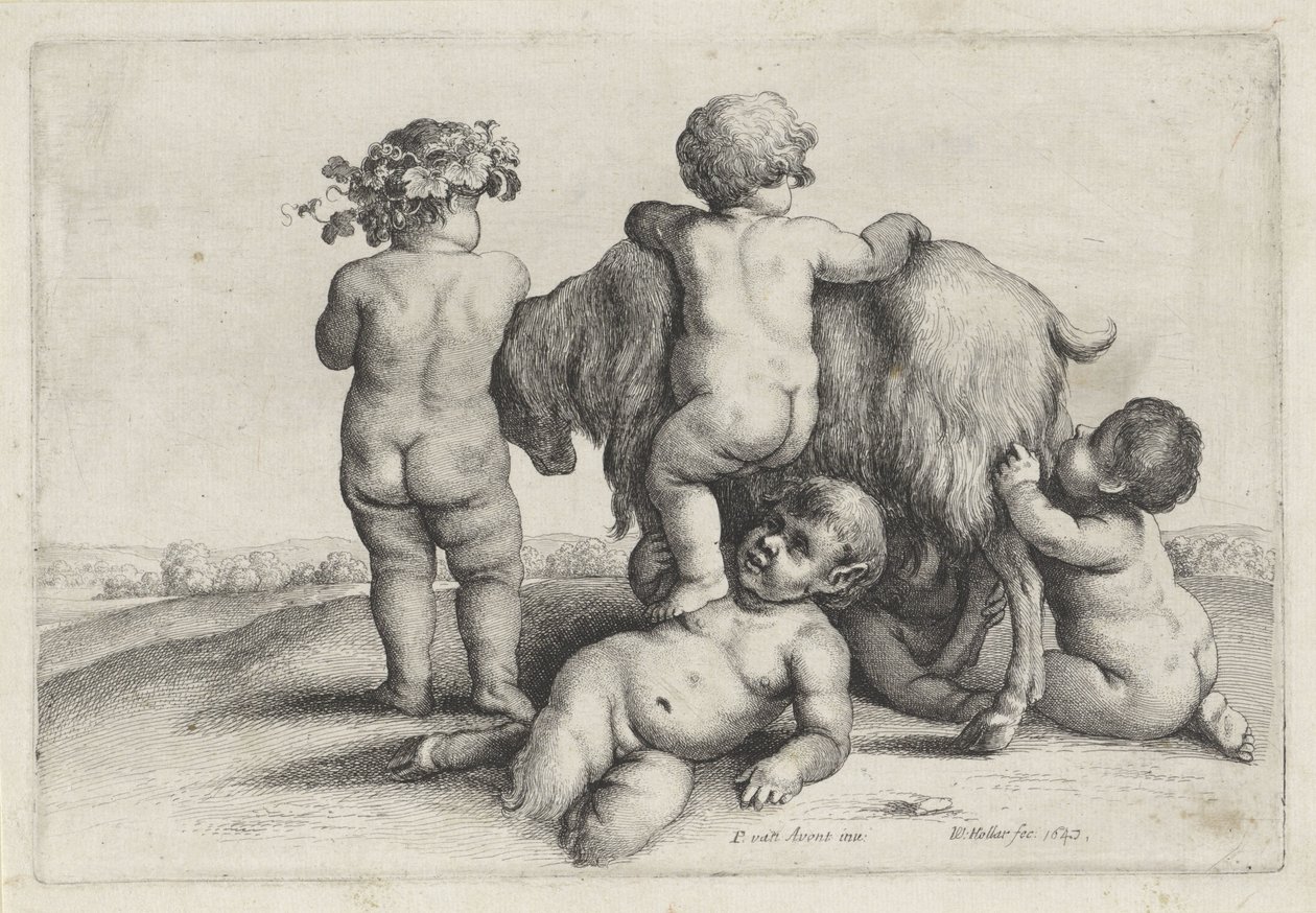 Quatro meninos, um sátiro e uma cabra Putti e Sátiros (título da série) de Wenceslaus Hollar