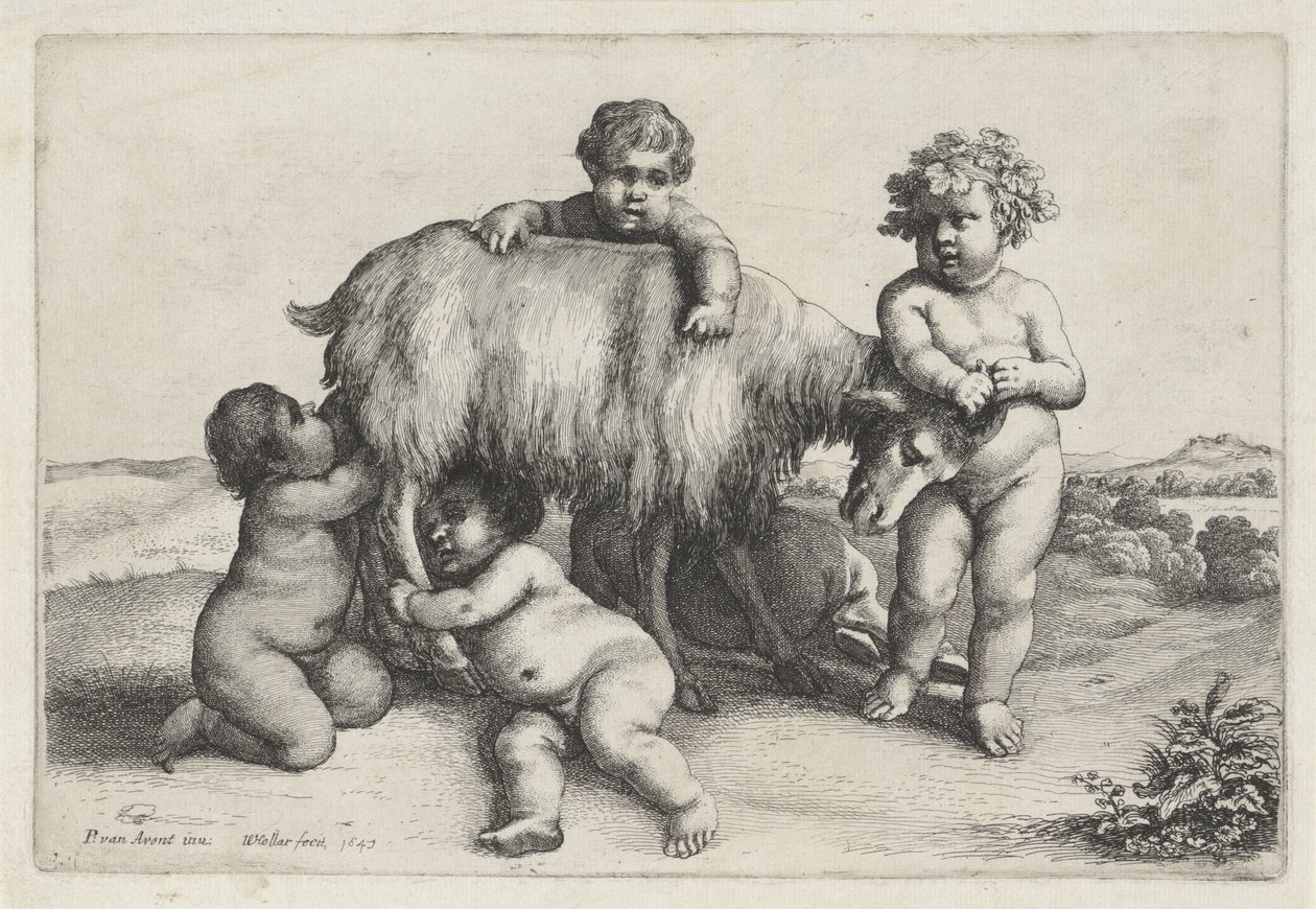 Quatro rapazes, um sátiro e um bode de pé à direita
Putti e satyrs (título da série) de Wenceslaus Hollar