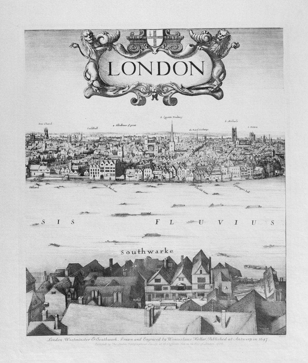 Vista de Londres, publicada em 1647 (cópia fac-símile) (detalhe) de Wenceslaus Hollar