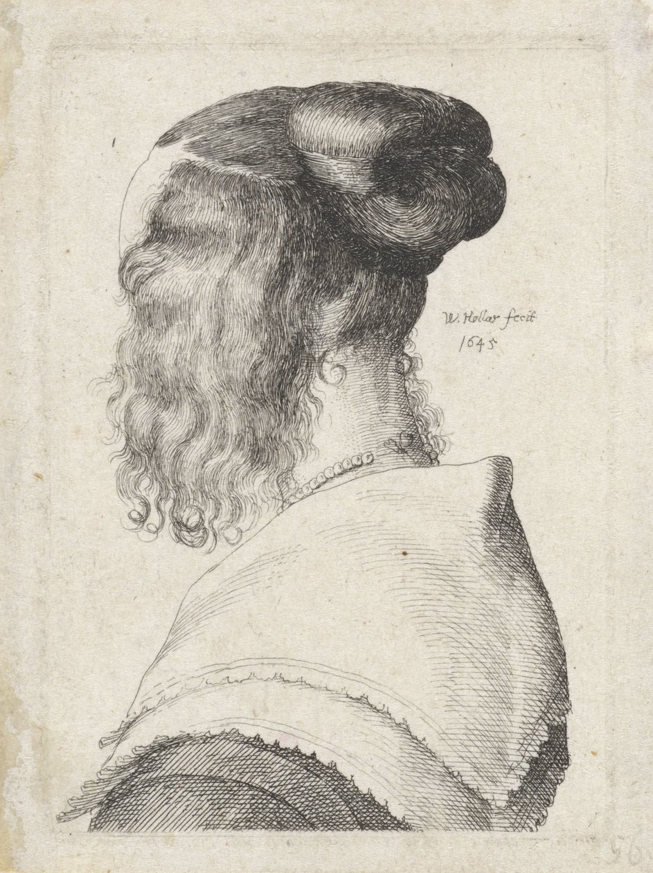 Mulher com o cabelo erguido, vista por trás num ângulo de Wenceslaus Hollar