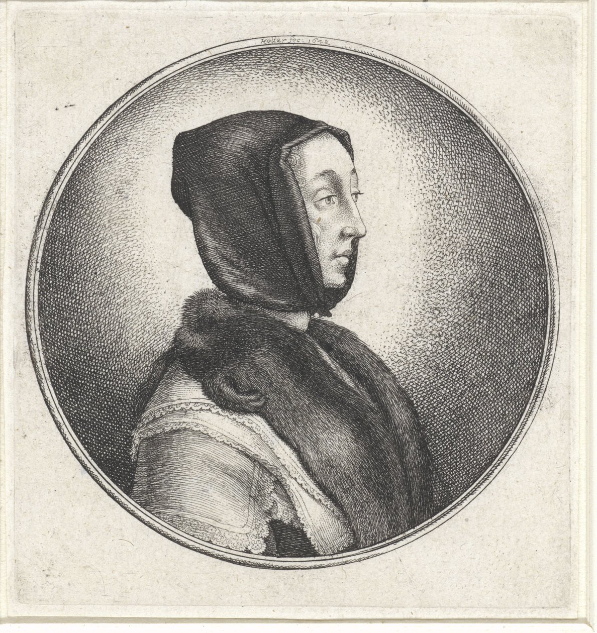 Mulher com lenço preto e estola de pele Medalhões com busto feminino (título da série) de Wenceslaus Hollar