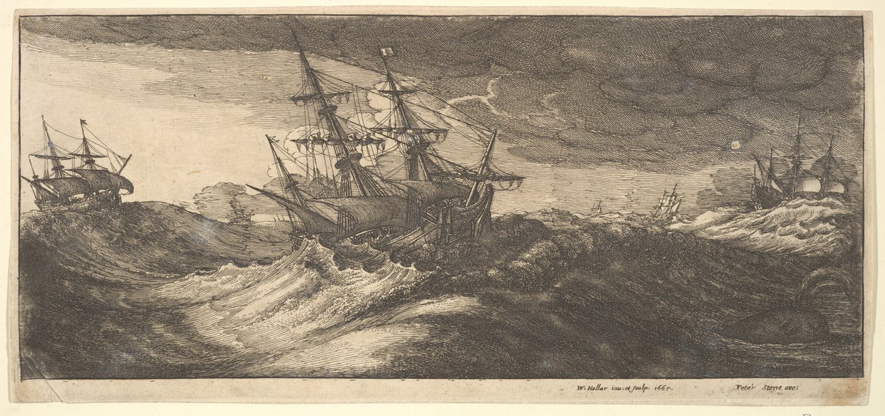 Navio de guerra e uma baleia jorrando, 1665. de Wenceslaus Hollar