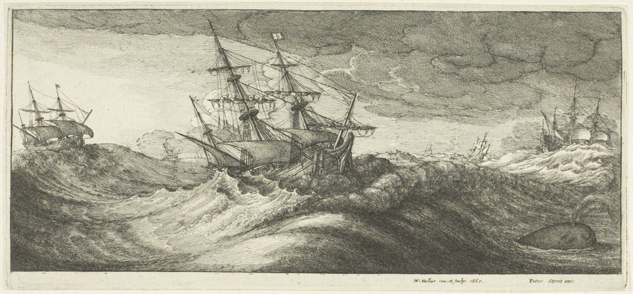 Navios de guerra e uma baleia jorrando de Wenceslaus Hollar
