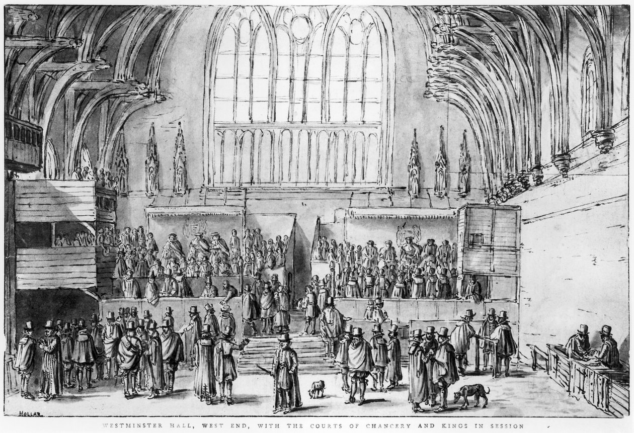 Westminster Hall, West End, com os Tribunais de Chancelaria e Reis em Sessão de Wenceslaus Hollar