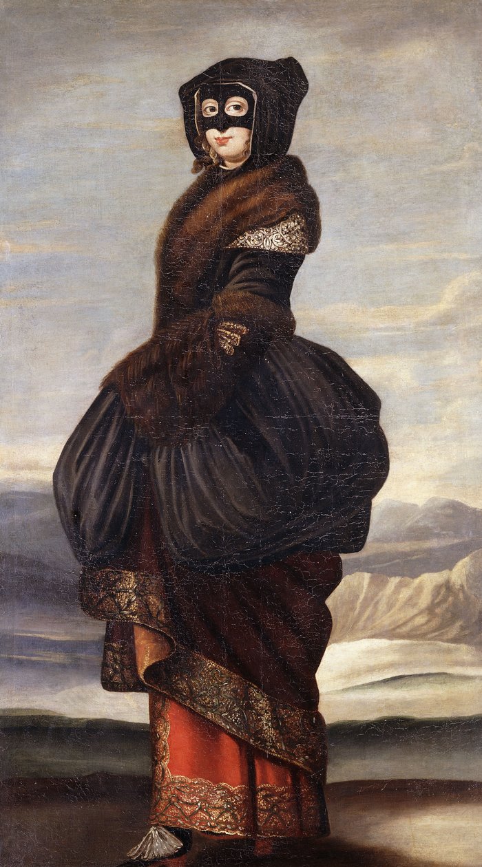 Inverno: Uma Dama, de corpo inteiro, em Fantasia Exótica, usando uma Máscara, em uma Paisagem de Wenceslaus Hollar