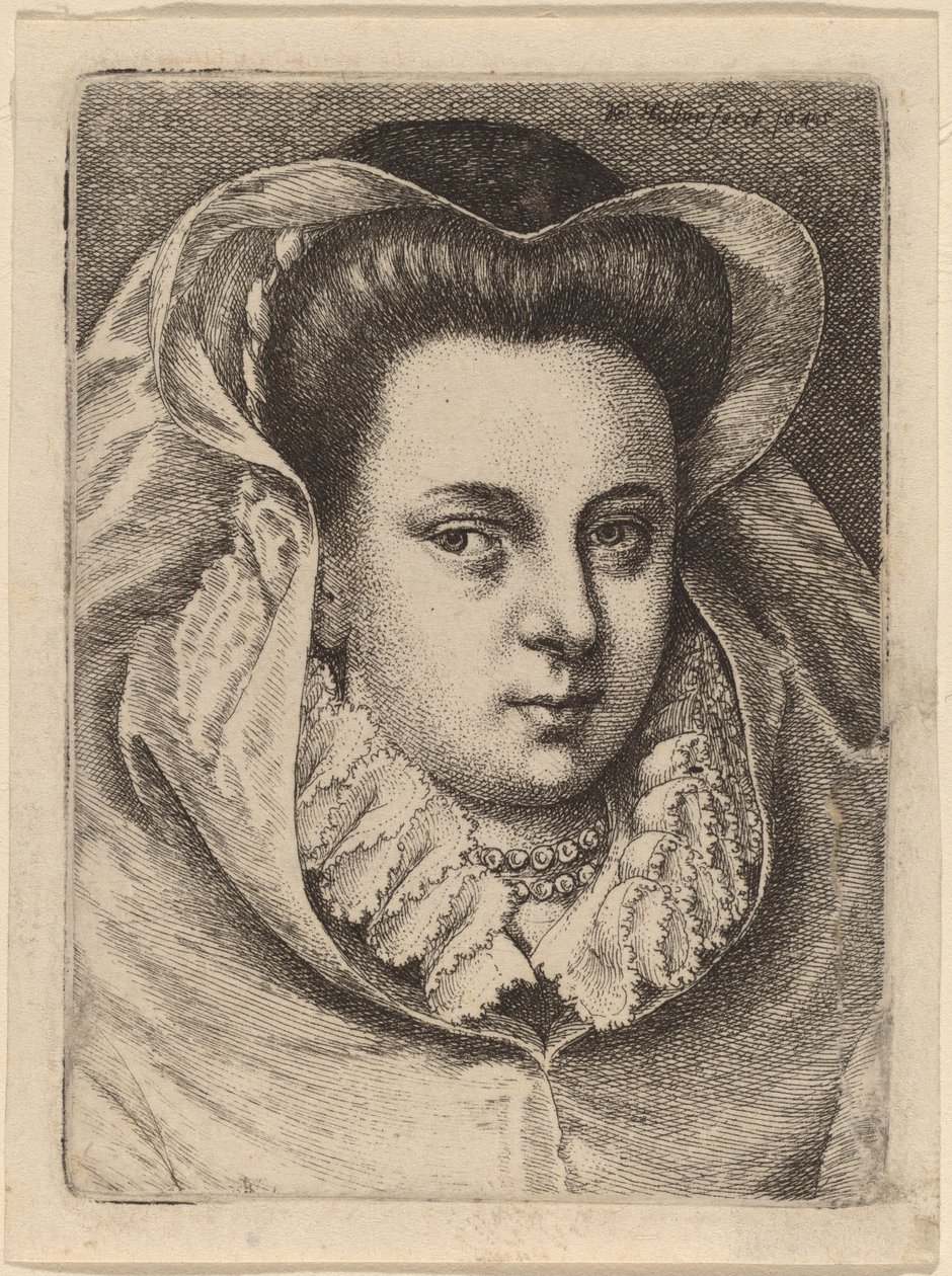 Mulher com véu branco e chapéu preto (Mary Stuart?) de Wenceslaus Hollar