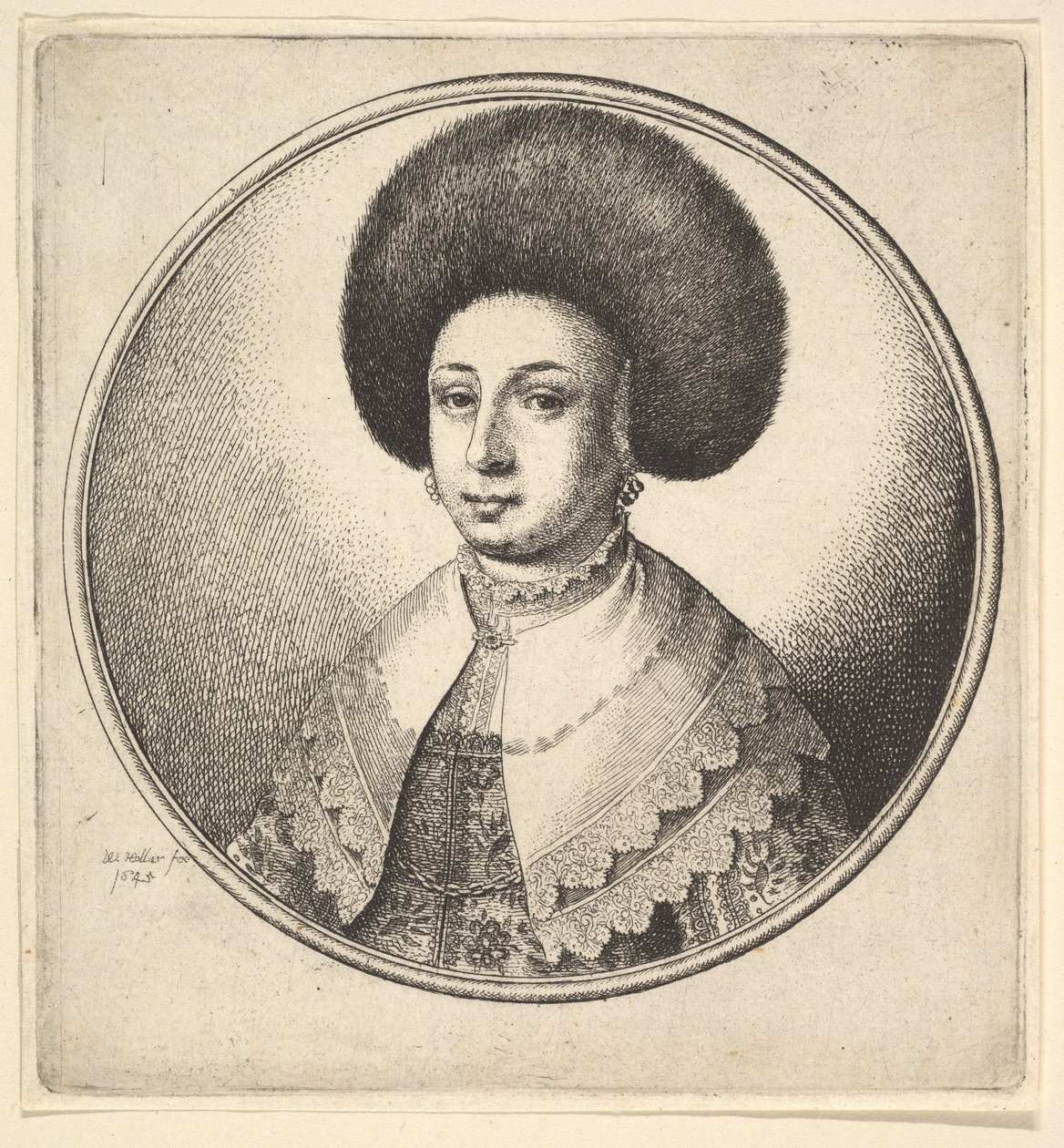 Mulher com grande chapéu circular de pele e brincos, 1645. de Wenceslaus Hollar