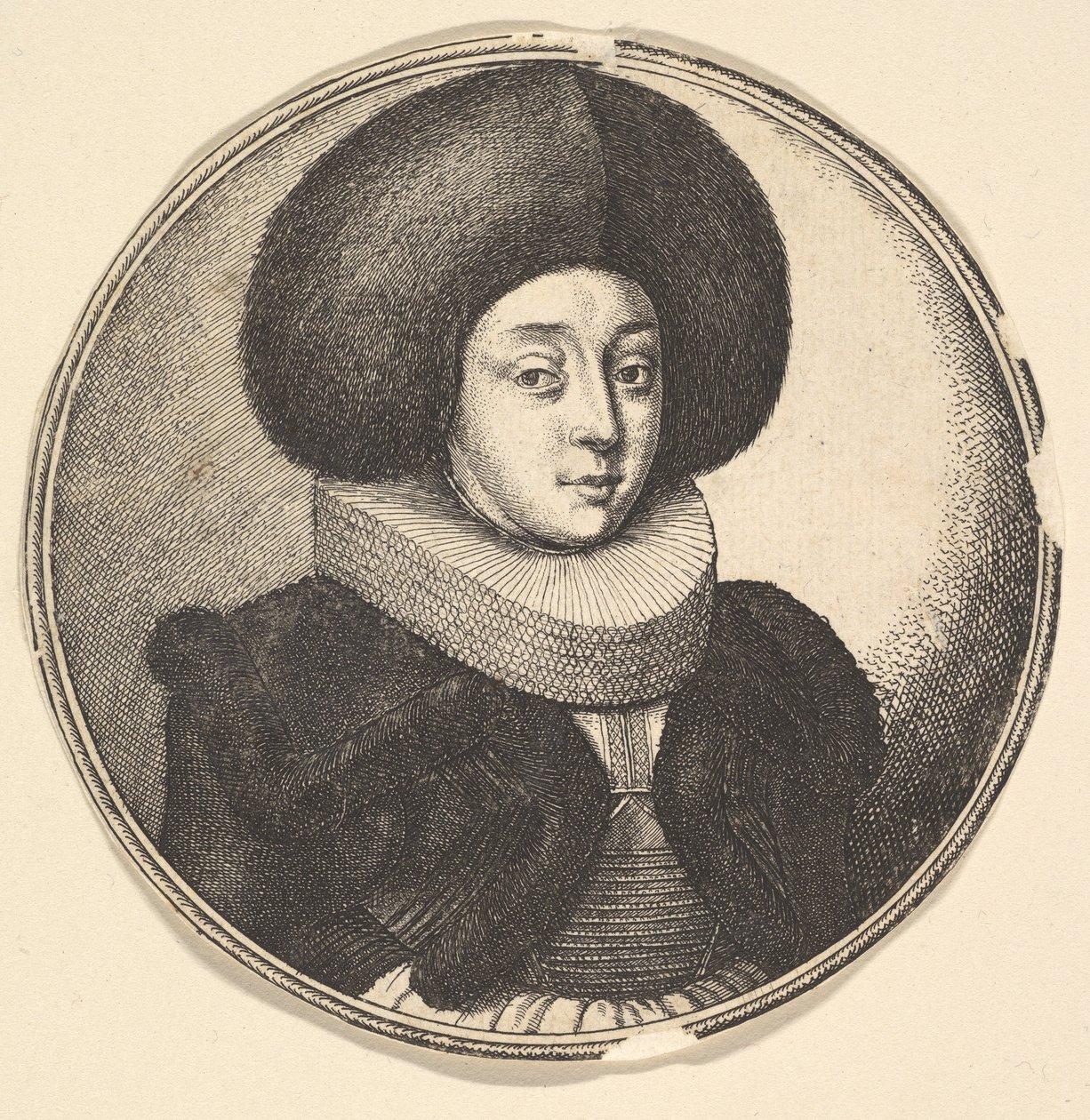 Mulher com grande chapéu de pele circular e babados de renda, 1645. de Wenceslaus Hollar
